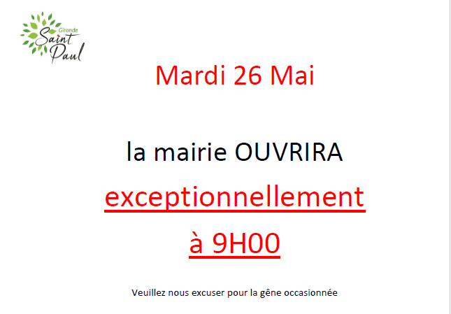 26.05.26 - Ouverture Mairie 9h00
