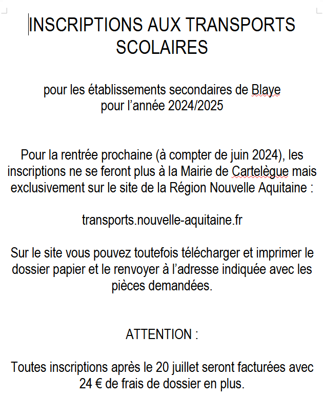 Rentrée 2024-2025 - BLAYE - Transports Scolaires