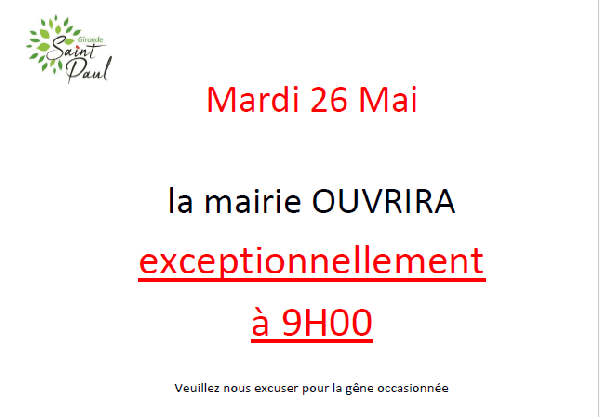 26.05.26 - Ouverture Mairie 9h00