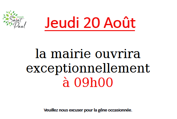 Horaires exceptionnels mairie